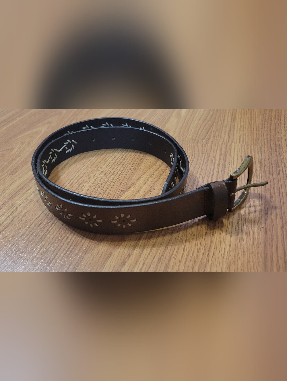Boho Perforated Floral Brown Genuine Leather Belt - Size Large